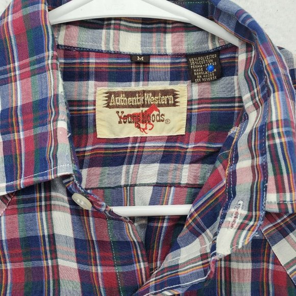 Young Bloods Shirt Men's Long Sleeve Pearl Snap Up Collared Plaid Western Blue M - Picture 7 of 12